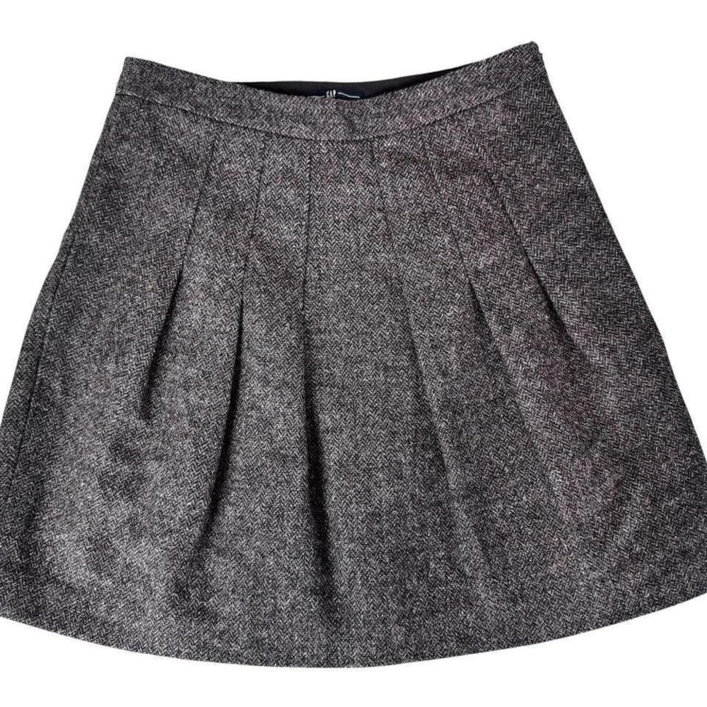 Gap Brown‎ Herringbone 100% Wool Pleated Mini Skirt Size 1 High Waisted Tweed